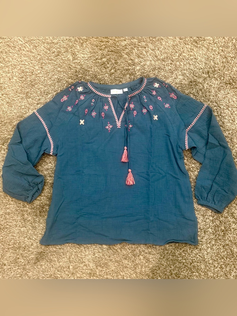 Belle by Kim Gravel Embroidered Gauze Peasant Blouse Blue Large Boho NWT - Picture 7 of 8